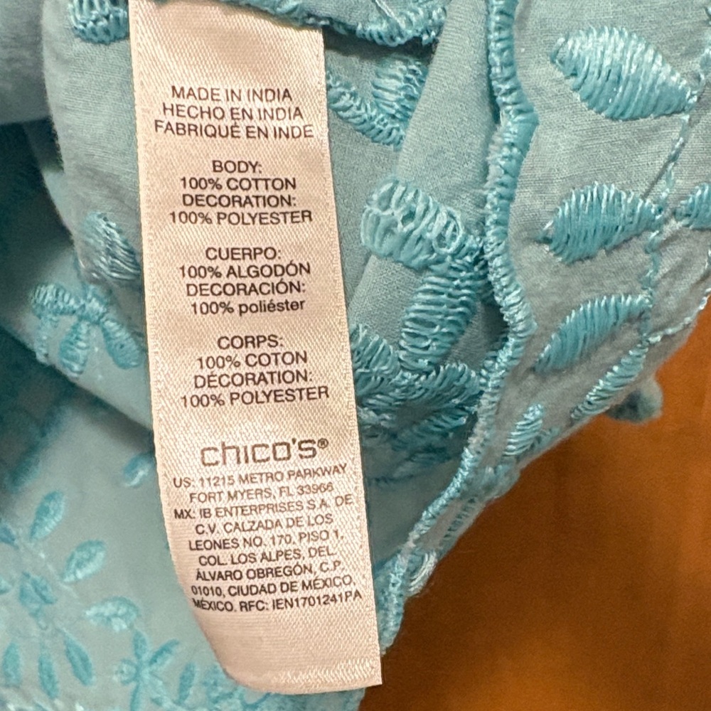 470. Chico's Aqua Embroidered Three-Quarter Sleeve Blouse - Picture 3 of 3
